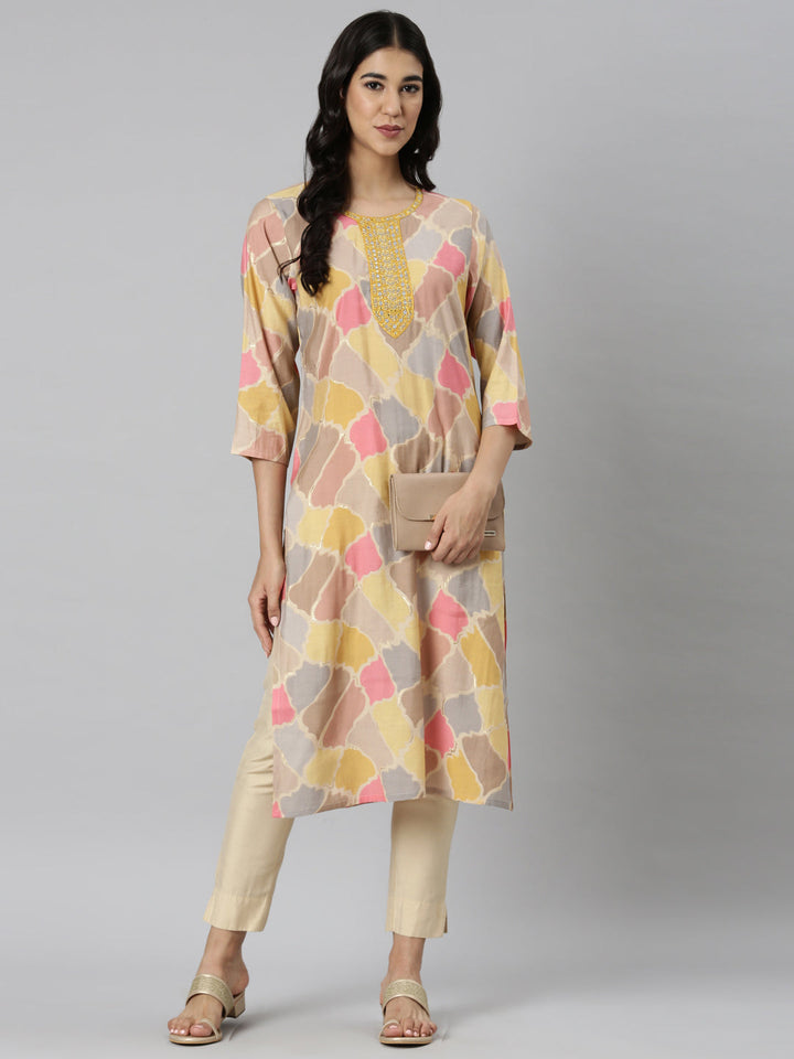 Neerus Yellow Casual Colourblocked Straight Kurtas