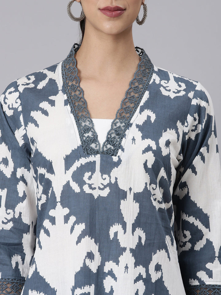 Neerus Grey Printed Straight Kurta and Trousers