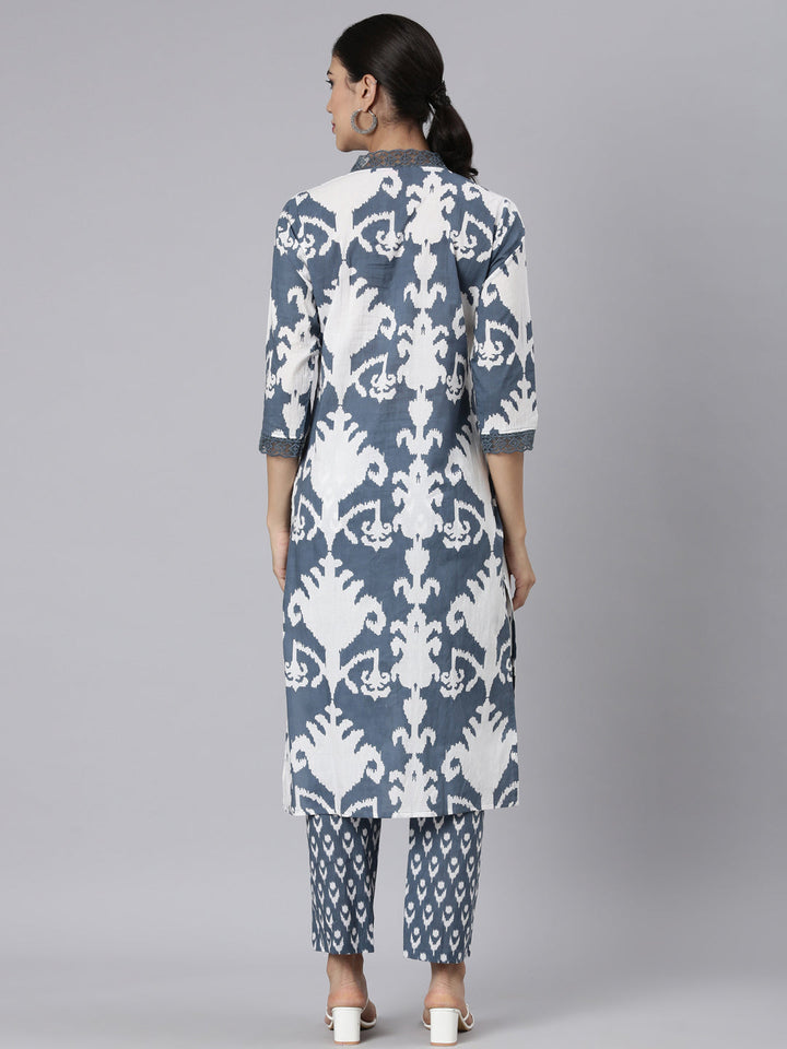 Neerus Grey Printed Straight Kurta and Trousers