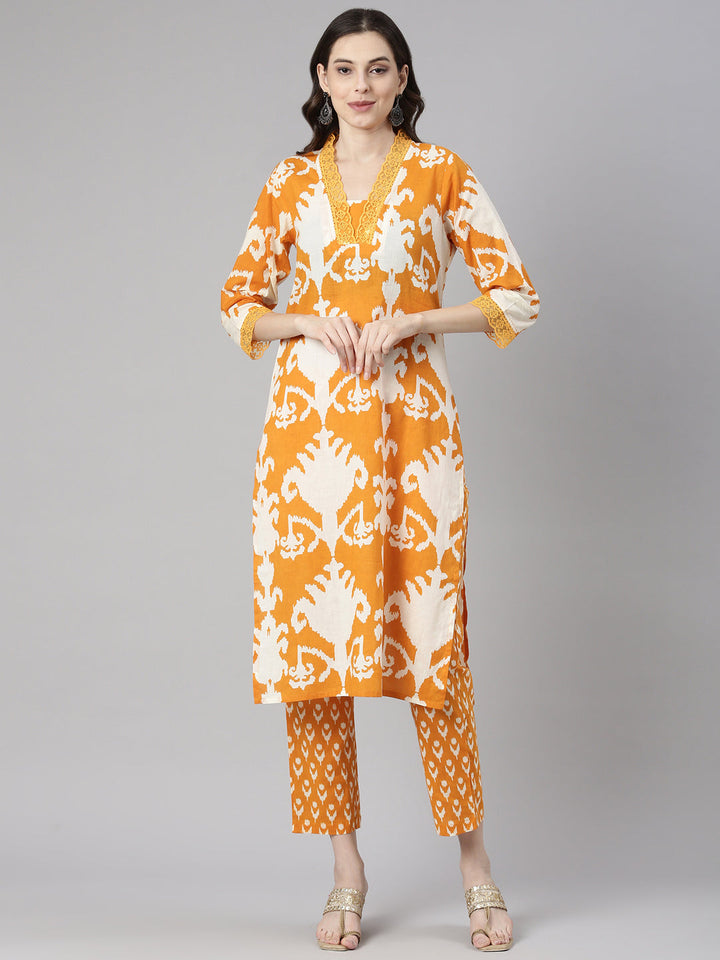 Neerus Mustard Printed Straight Kurta and Trousers