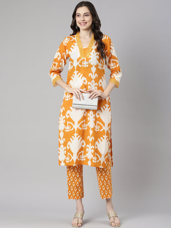 Neerus Mustard Printed Straight Kurta and Trousers