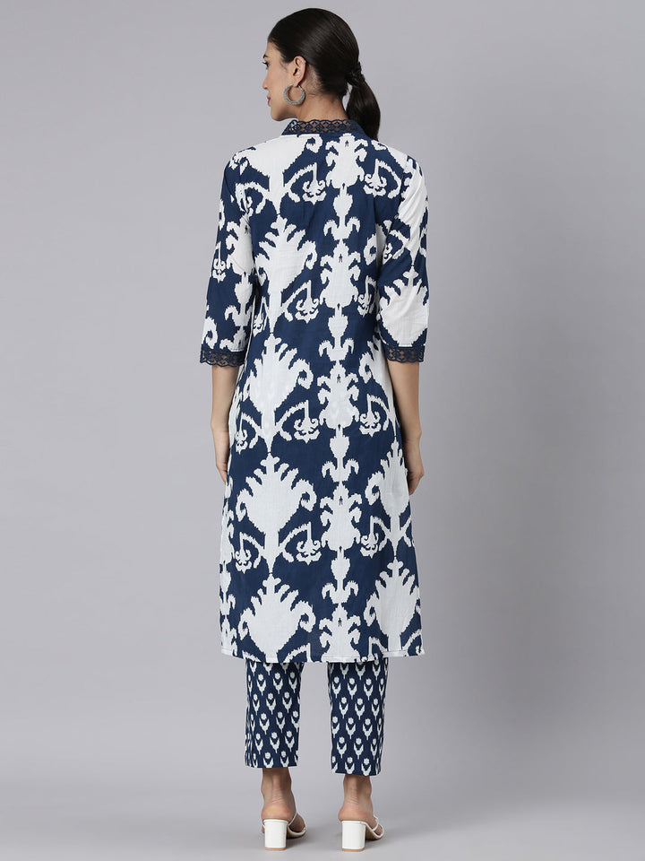 Neerus Navy Blue Printed Straight Kurta and Trousers