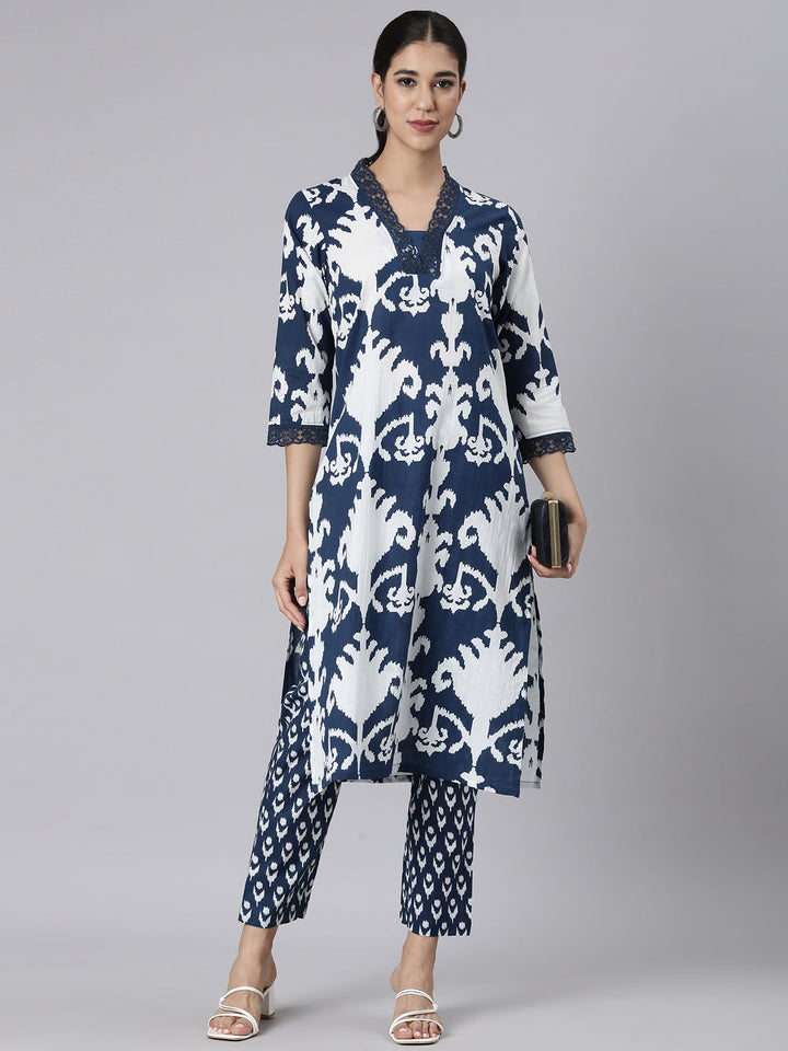 Neerus Navy Blue Printed Straight Kurta and Trousers