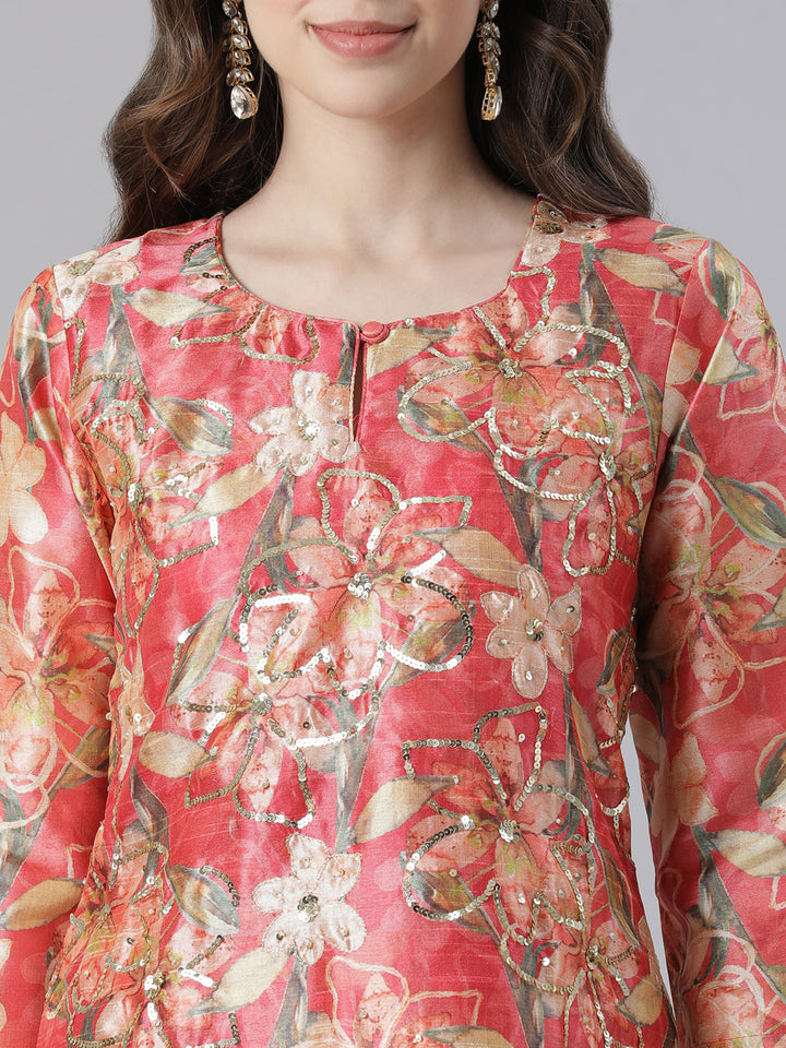 Neerus Orange Printed Straight Kurta and Trousers With Dupatta