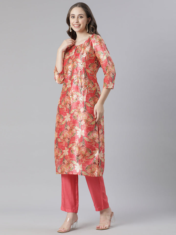 Neerus Orange Printed Straight Kurta and Trousers With Dupatta