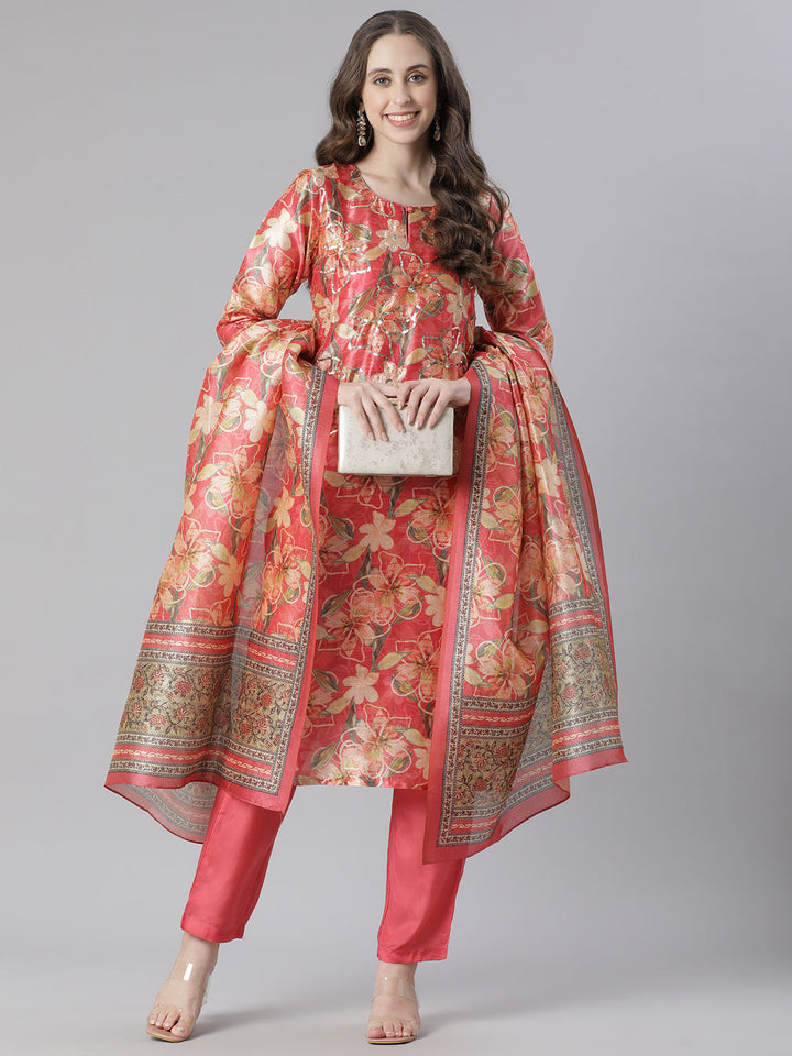 Neerus Orange Printed Straight Kurta and Trousers With Dupatta