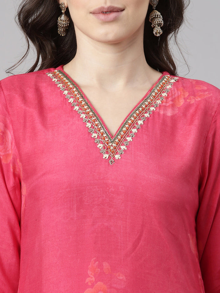 Neerus Pink Printed Straight Kurta and Trousers With Dupatta