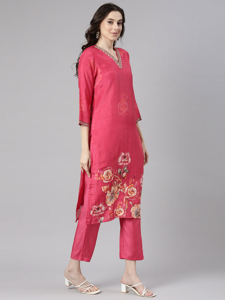 Neerus Pink Printed Straight Kurta and Trousers With Dupatta