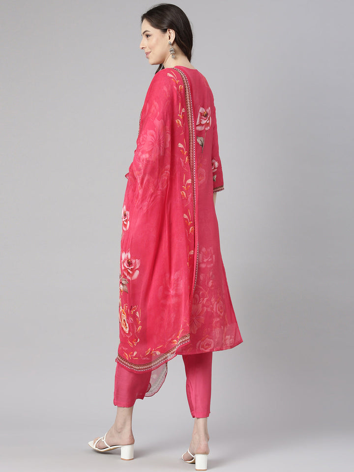 Neerus Pink Printed Straight Kurta and Trousers With Dupatta