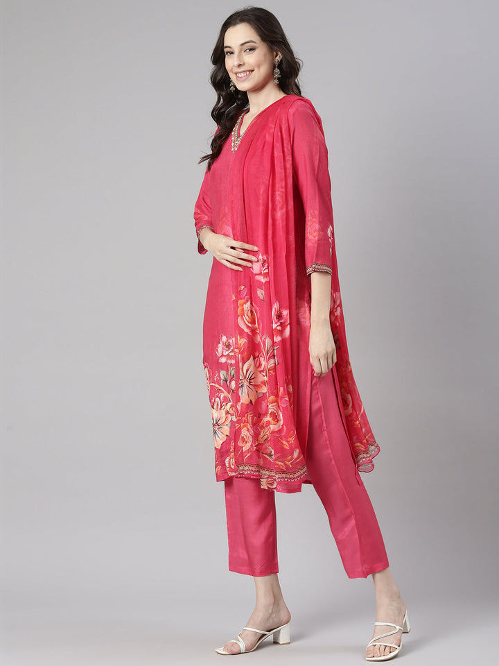 Neerus Pink Printed Straight Kurta and Trousers With Dupatta