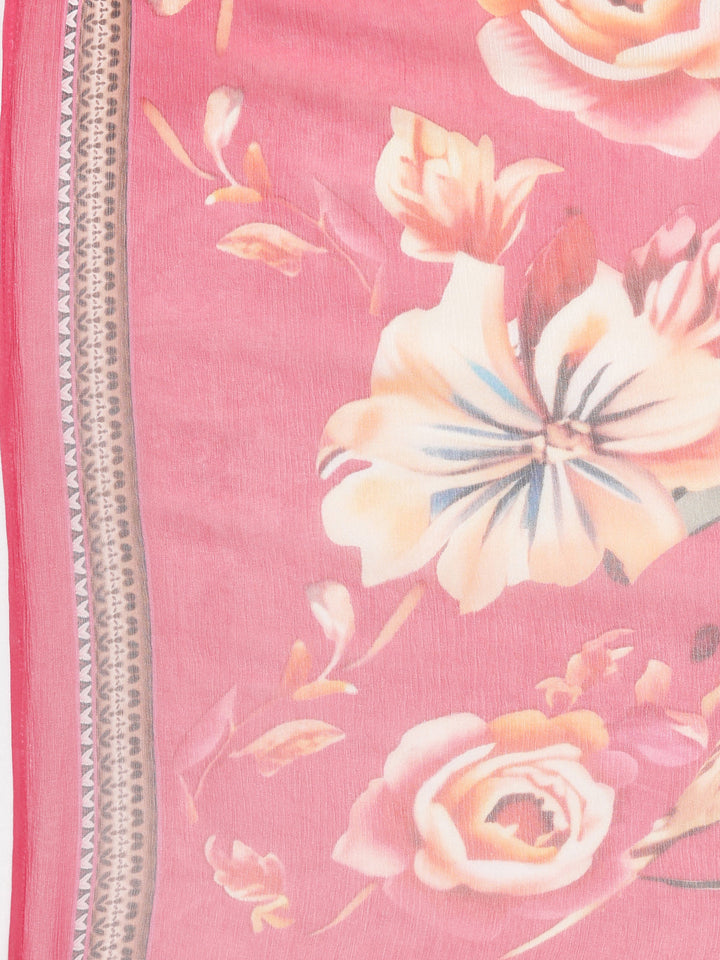 Neerus Pink Printed Straight Kurta and Trousers With Dupatta