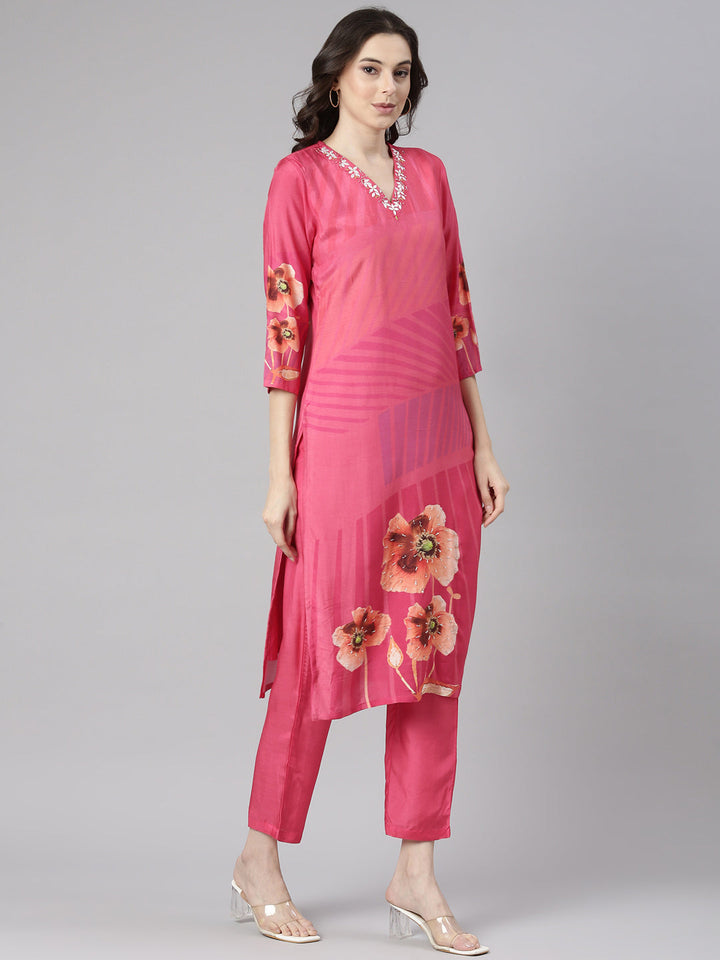Neerus Pink Printed Straight Kurta and Trousers With Dupatta