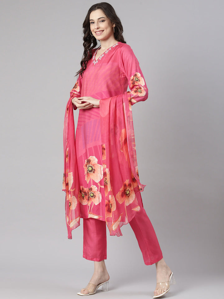 Neerus Pink Printed Straight Kurta and Trousers With Dupatta