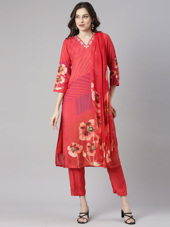 Neerus Red Printed Straight Kurta and Trousers With Dupatta