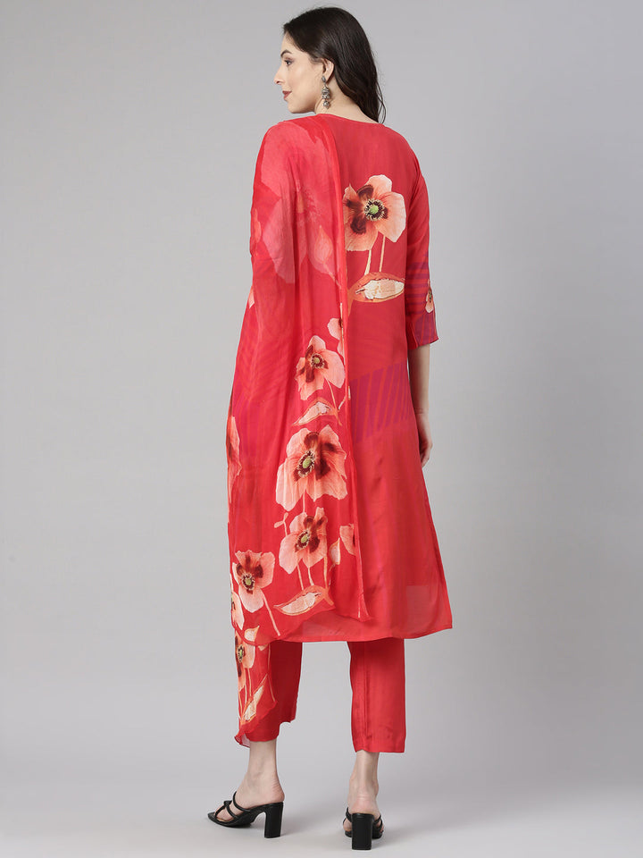 Neerus Red Printed Straight Kurta and Trousers With Dupatta