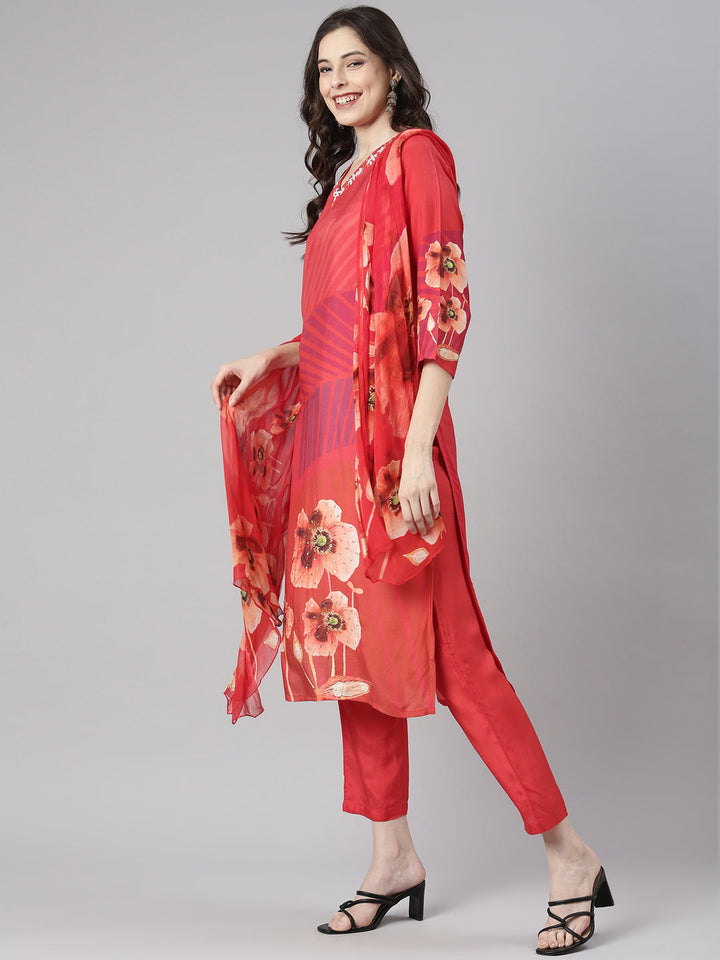 Neerus Red Printed Straight Kurta and Trousers With Dupatta