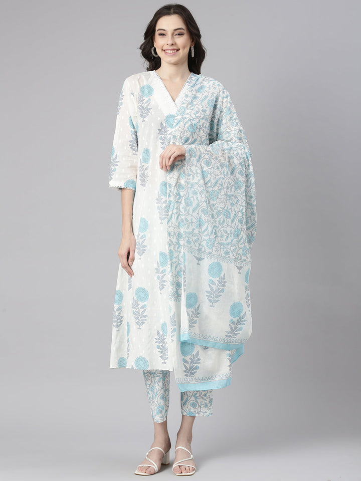 Neerus Blue Printed Straight Kurta and Trousers With Dupatta