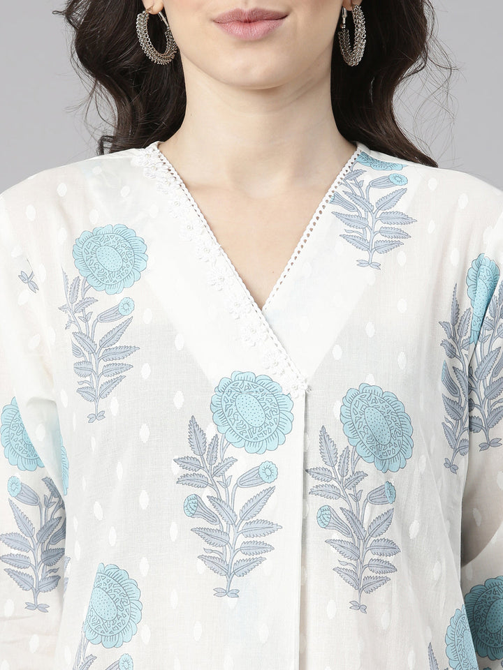 Neerus Blue Printed Straight Kurta and Trousers With Dupatta