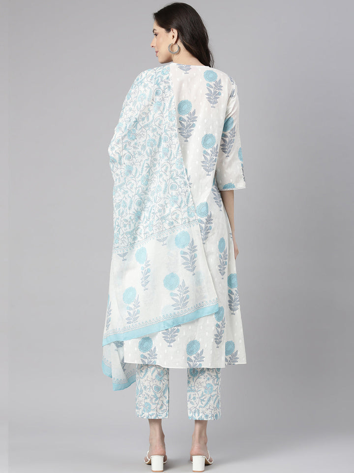 Neerus Blue Printed Straight Kurta and Trousers With Dupatta