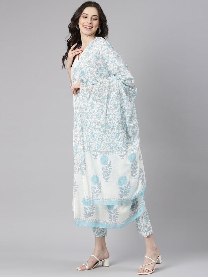 Neerus Blue Printed Straight Kurta and Trousers With Dupatta
