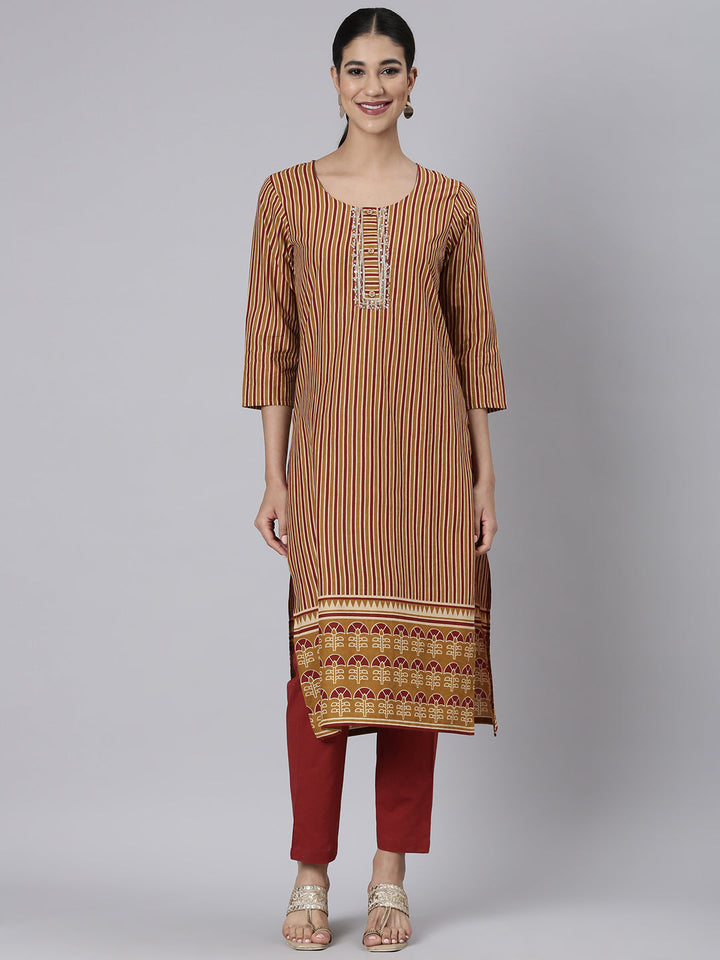 Neerus Brown Casual Printed Straight Kurta and Trousers