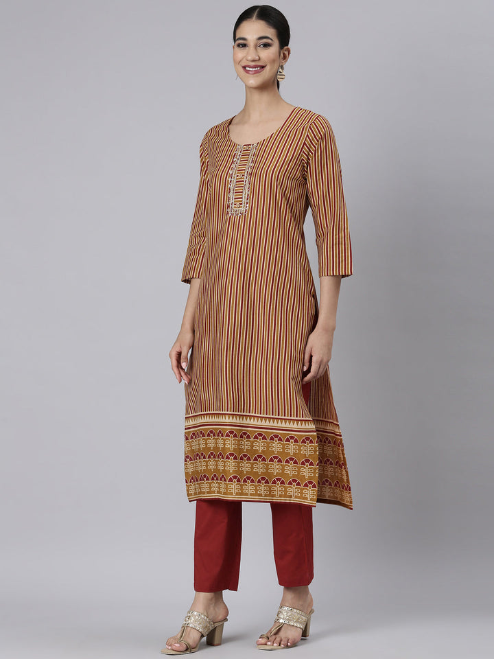 Neerus Brown Casual Printed Straight Kurta and Trousers