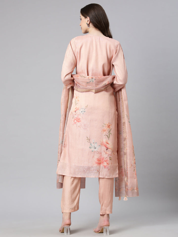 Neerus Peach Printed Straight Kurta and Trousers With Dupatta