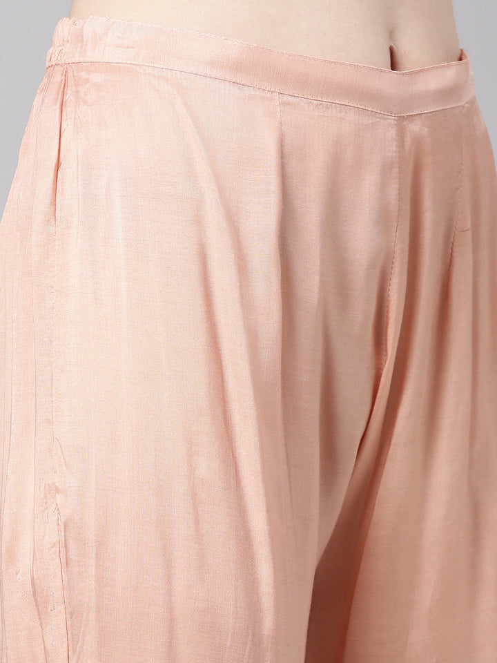 Neerus Peach Printed Straight Kurta and Trousers With Dupatta