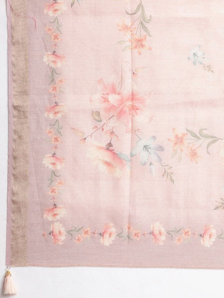 Neerus Peach Printed Straight Kurta and Trousers With Dupatta