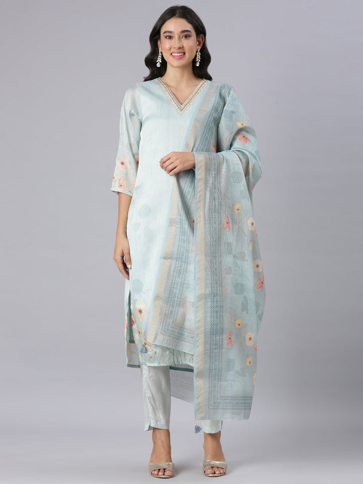 Neerus Blue Printed Straight Kurta And Trousers With Dupatta
