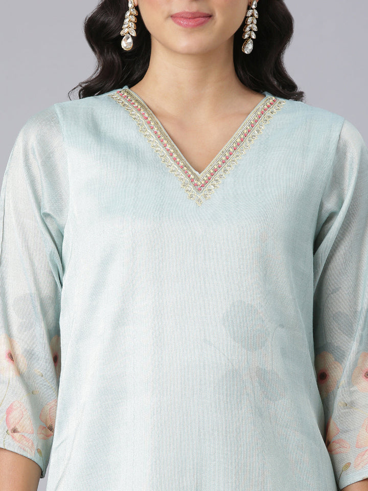 Neerus Blue Printed Straight Kurta And Trousers With Dupatta