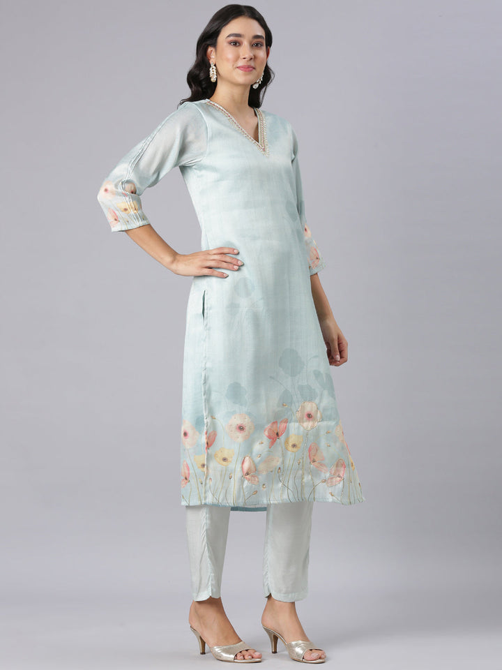 Neerus Blue Printed Straight Kurta And Trousers With Dupatta