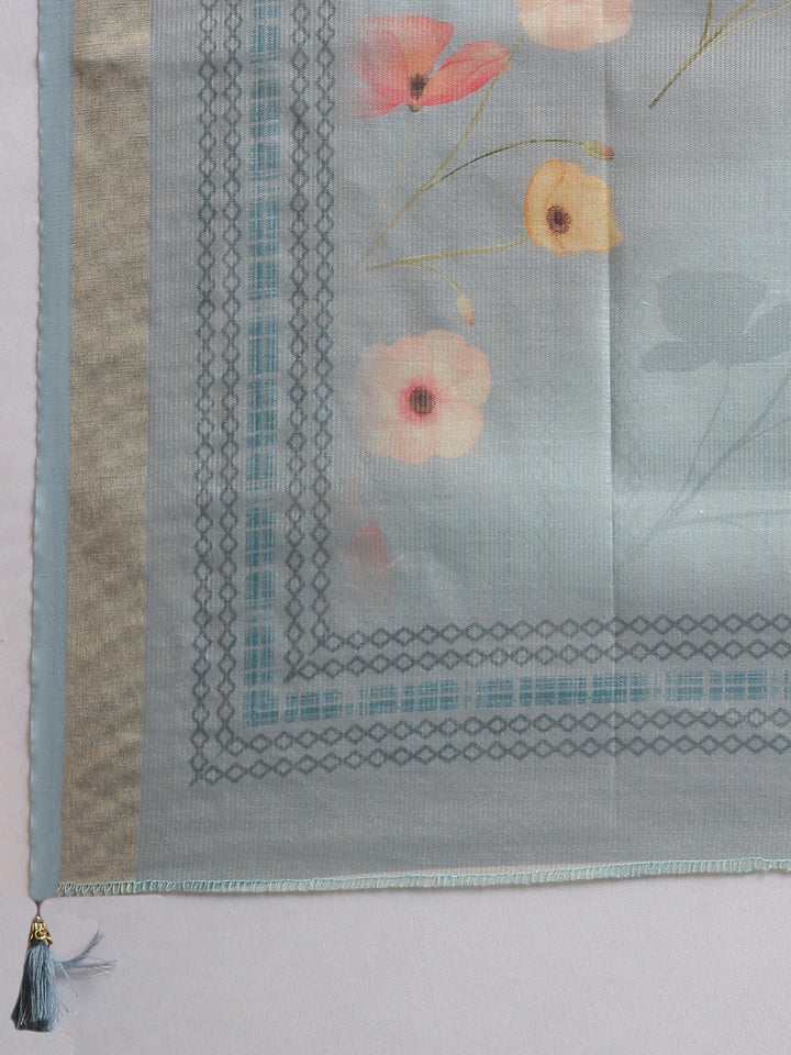 Neerus Blue Printed Straight Kurta And Trousers With Dupatta