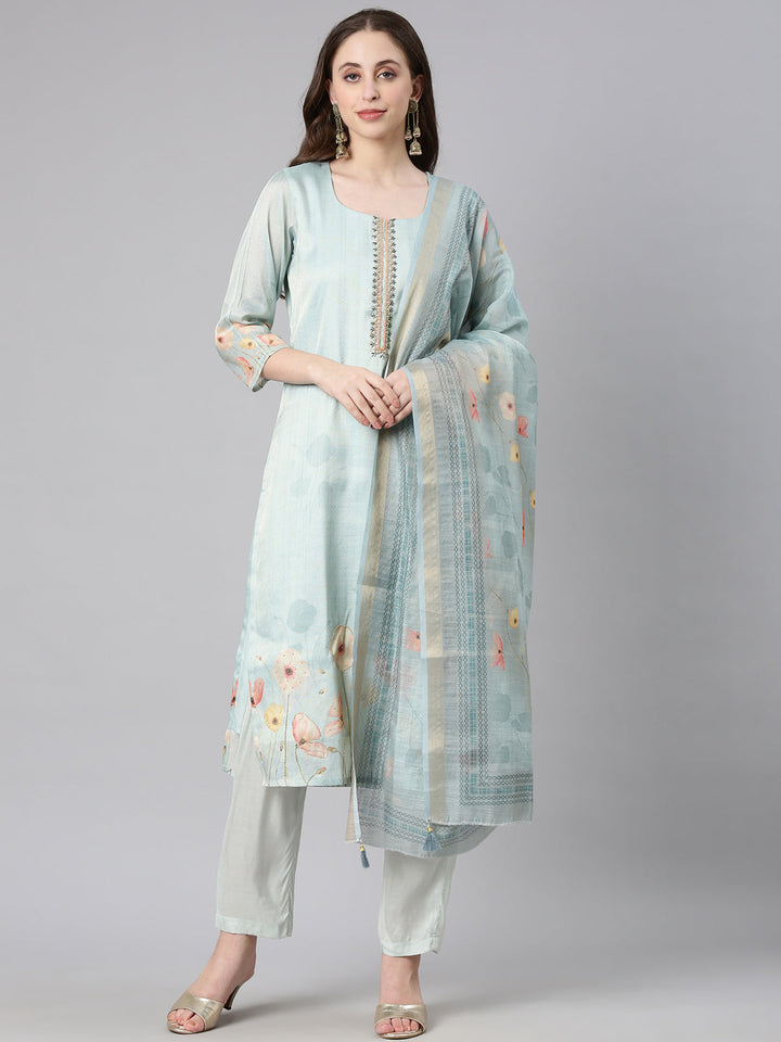 Neerus Mint Printed Straight Kurta and Trousers With Dupatta