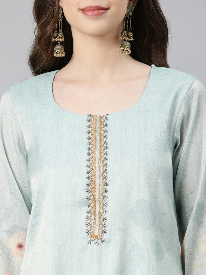 Neerus Mint Printed Straight Kurta and Trousers With Dupatta