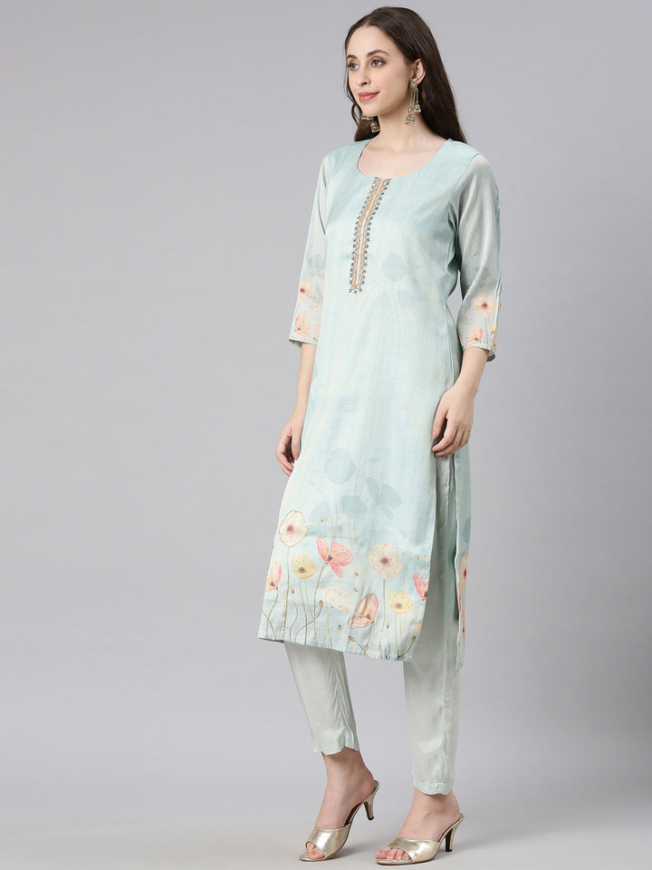 Neerus Mint Printed Straight Kurta and Trousers With Dupatta