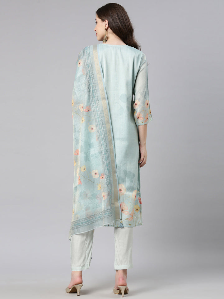 Neerus Mint Printed Straight Kurta and Trousers With Dupatta