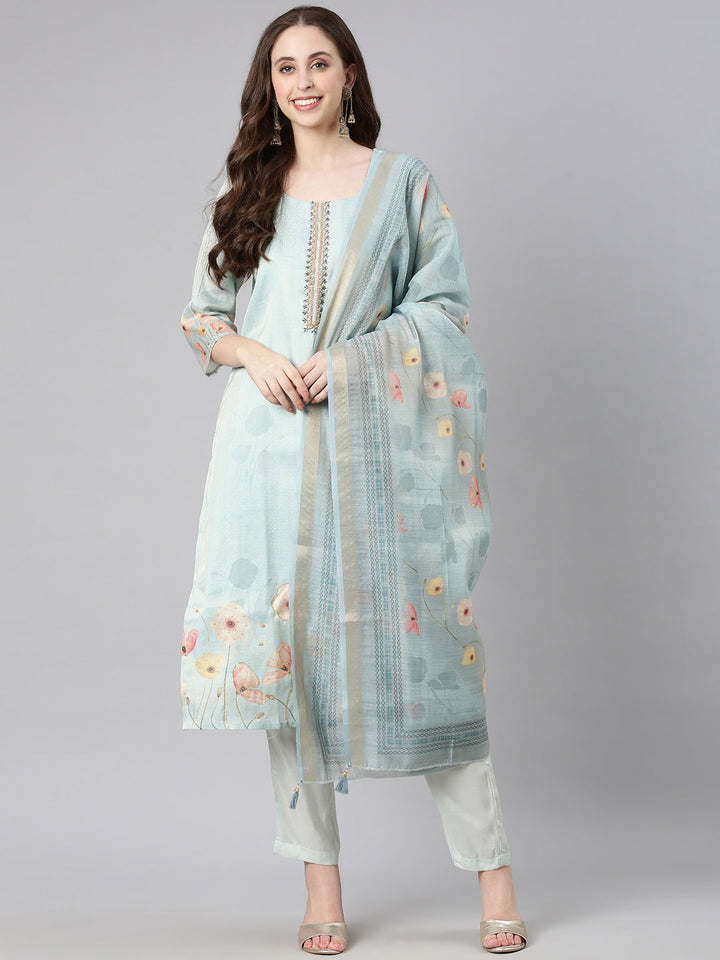 Neerus Mint Printed Straight Kurta and Trousers With Dupatta