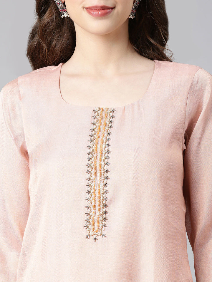 Neerus Peach Printed Straight Kurta and Trousers With Dupatta