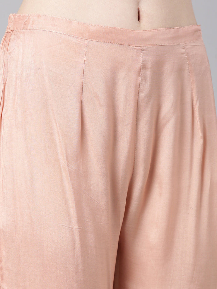 Neerus Peach Printed Straight Kurta and Trousers With Dupatta