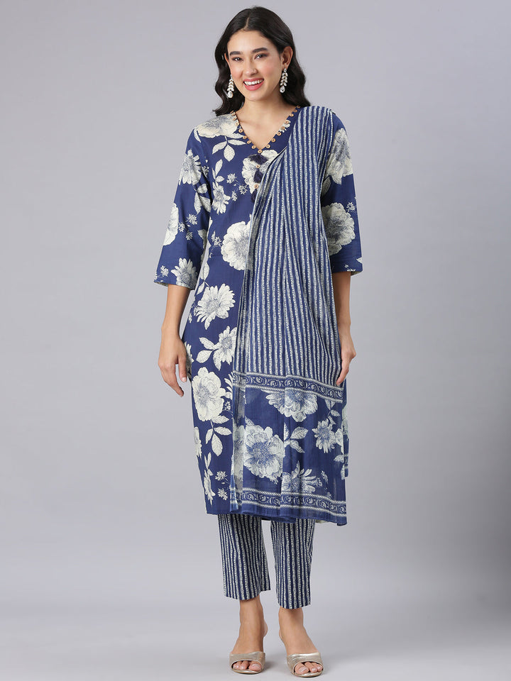 Neerus Blue Printed Straight Kurta And Trousers With Dupatta