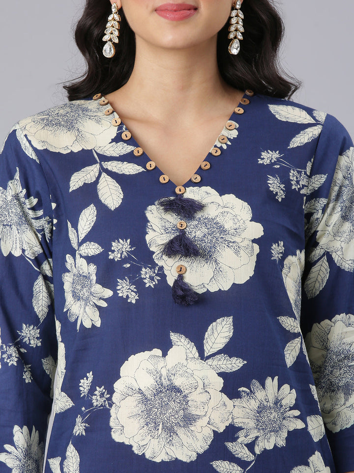 Neerus Blue Printed Straight Kurta And Trousers With Dupatta