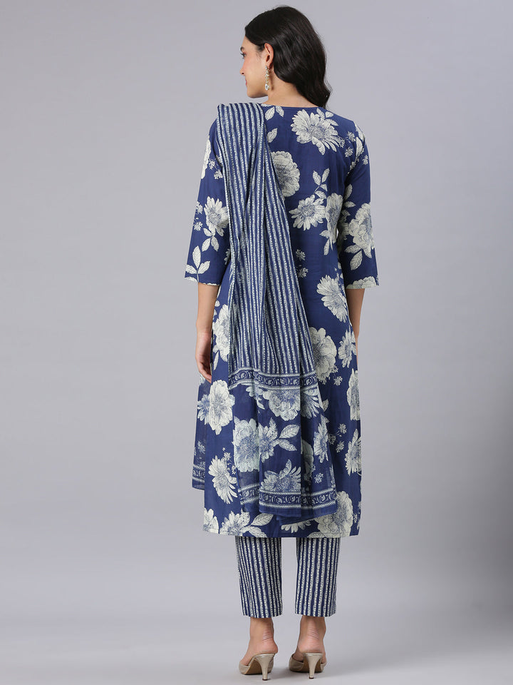 Neerus Blue Printed Straight Kurta And Trousers With Dupatta