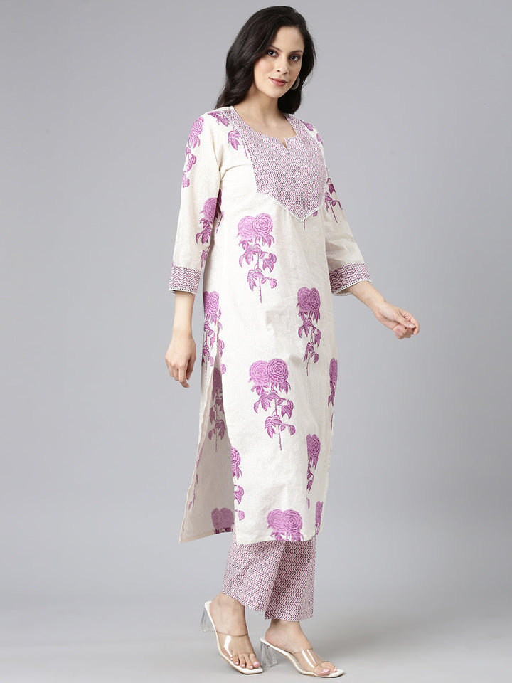 Neerus Purple Printed Straight Kurta and Trousers With Dupatta