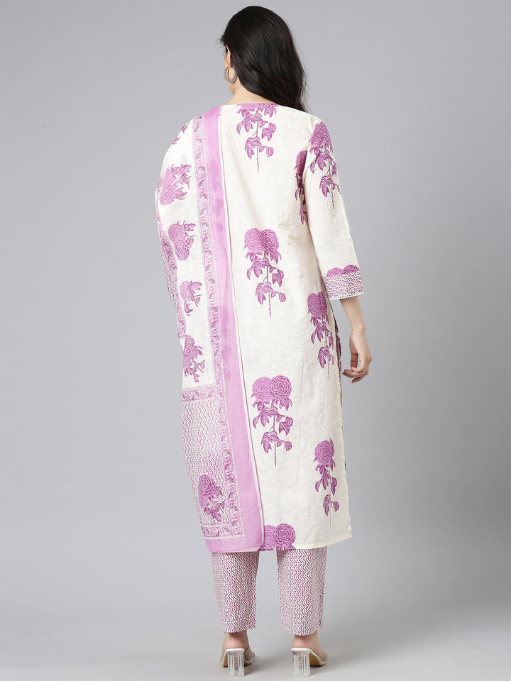 Neerus Purple Printed Straight Kurta and Trousers With Dupatta