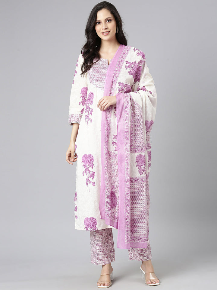 Neerus Purple Printed Straight Kurta and Trousers With Dupatta