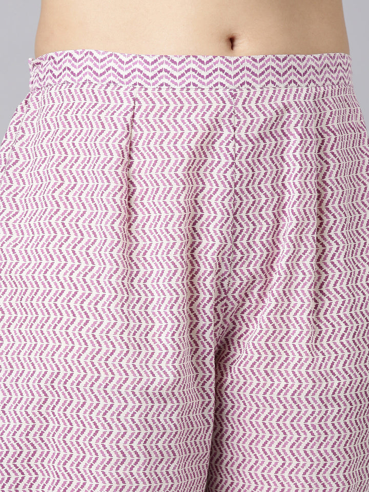 Neerus Purple Printed Straight Kurta and Trousers With Dupatta