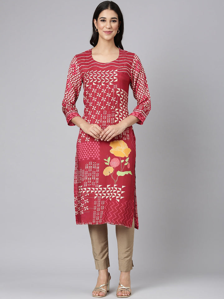 Neerus Maroon Casual Tribal Straight Kurtas