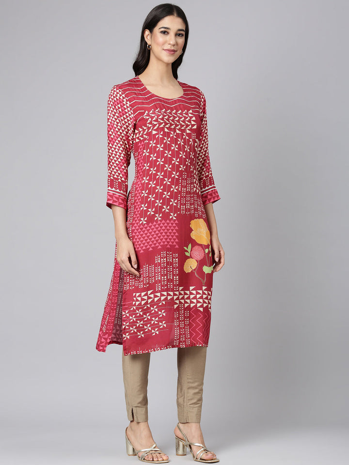 Neerus Maroon Casual Tribal Straight Kurtas