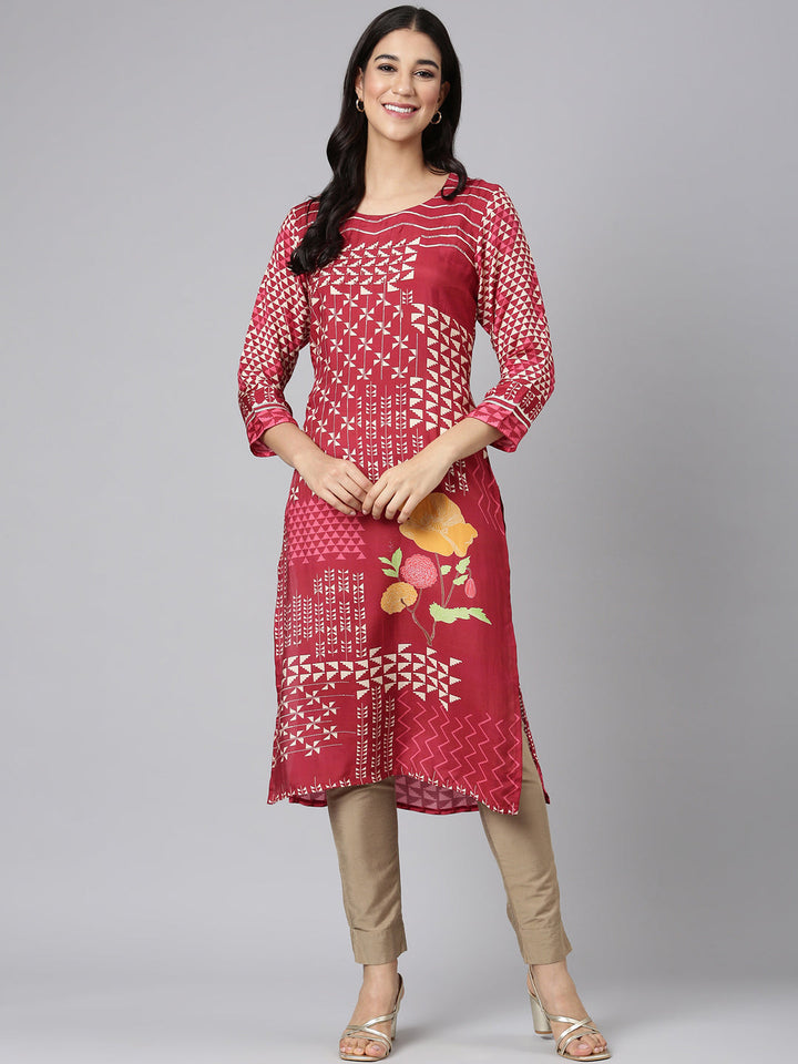 Neerus Maroon Casual Tribal Straight Kurtas